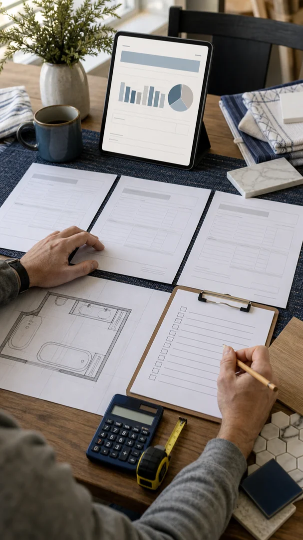 Homeowner comparing contractor estimates, tile samples, and a planning checklist for a tub-to-shower conversion