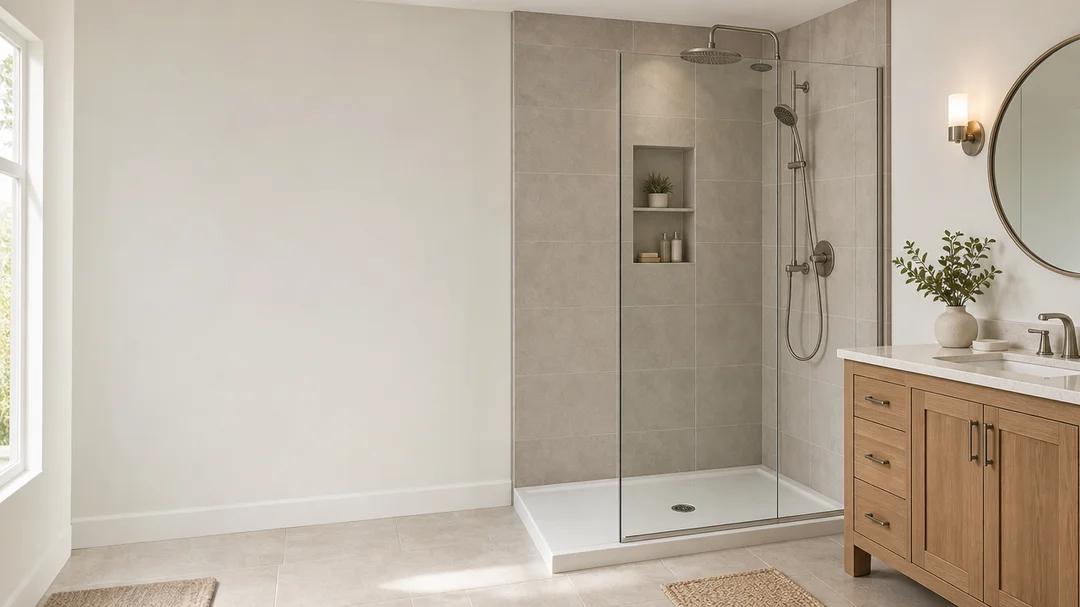 Walk-in shower created by converting a standard bathtub alcove in a midrange bathroom remodel.