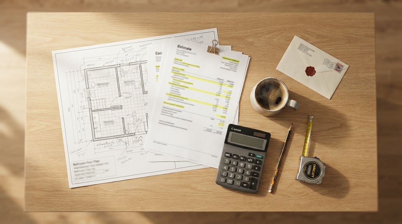 Bathroom floor plan, contractor estimates, permit paperwork, and a calculator laid out on a table.