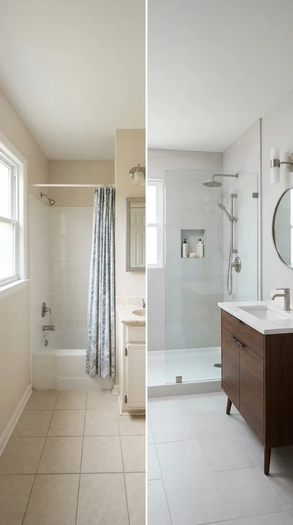 Before-and-after bathroom showing a standard tub alcove converted into a low-threshold walk-in shower in the same footprint