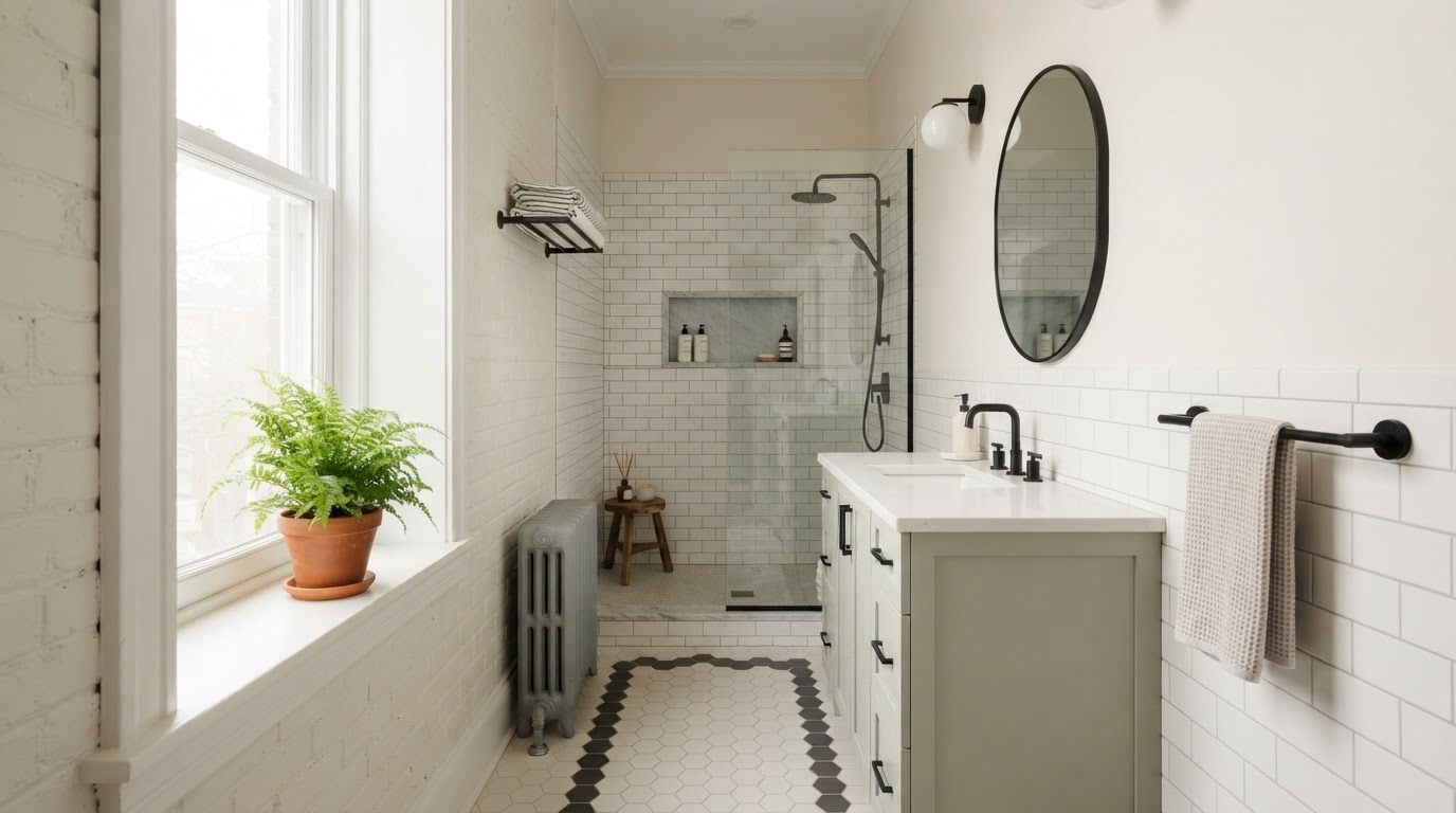 Remodeled Milwaukee bathroom with a curbless walk-in shower, quartz vanity, and refinished radiator in an early-1900s home.