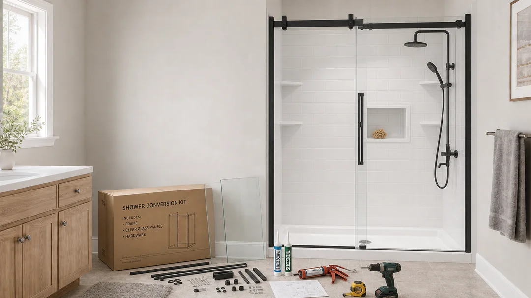 shower conversion kit with parts on the bathroom floor