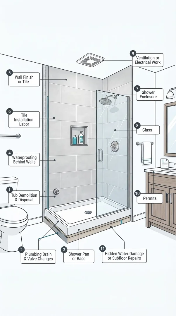 Cutaway diagram of tub-to-shower conversion costs, including demolition, plumbing, shower base, waterproofing, tile, glass, and repairs