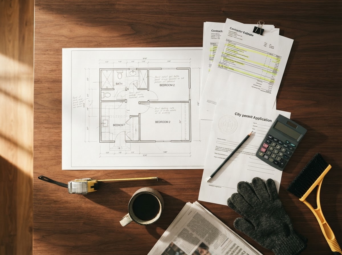 Bathroom floor plan, contractor estimates, and a city permit application laid out on a table.