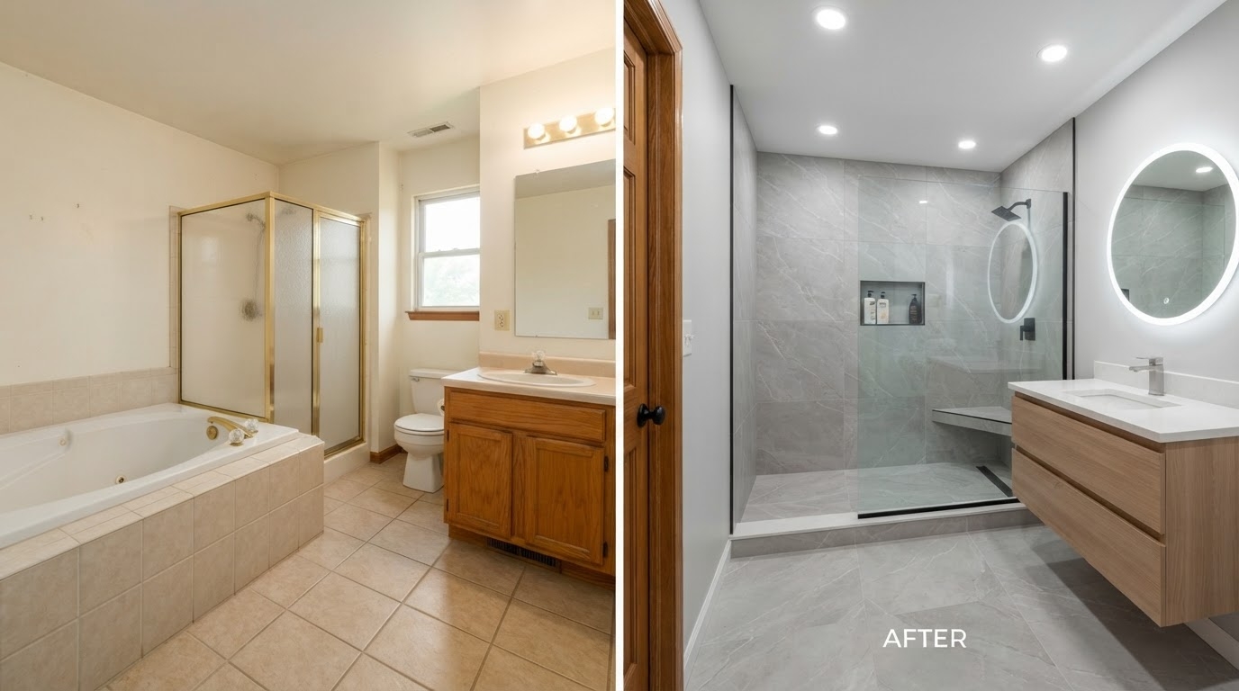 Before-and-after of a garden tub and fiberglass shower replaced with a large curbless walk-in tile shower.