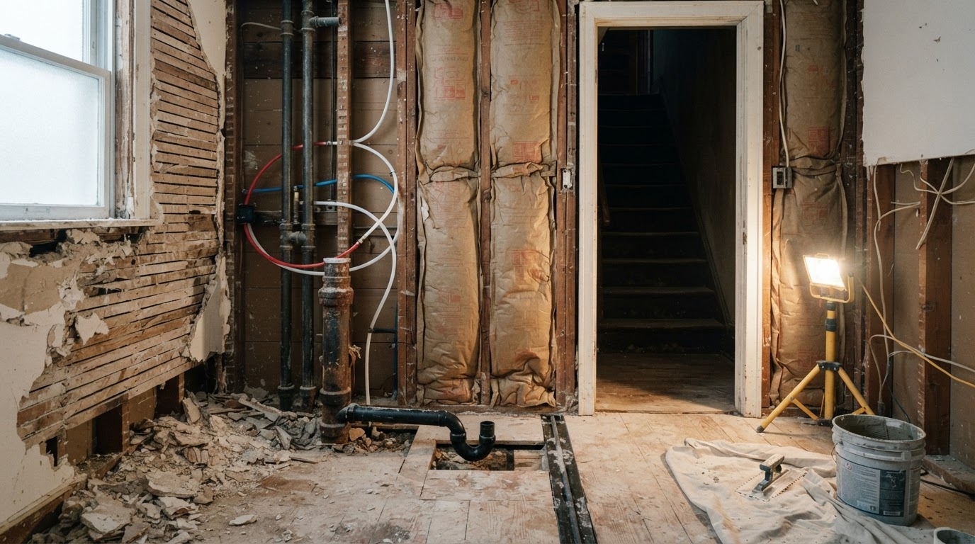 Gutted bathroom in an older Milwaukee home showing galvanized pipes replaced with PEX, new drain lines, and insulated exterior walls.