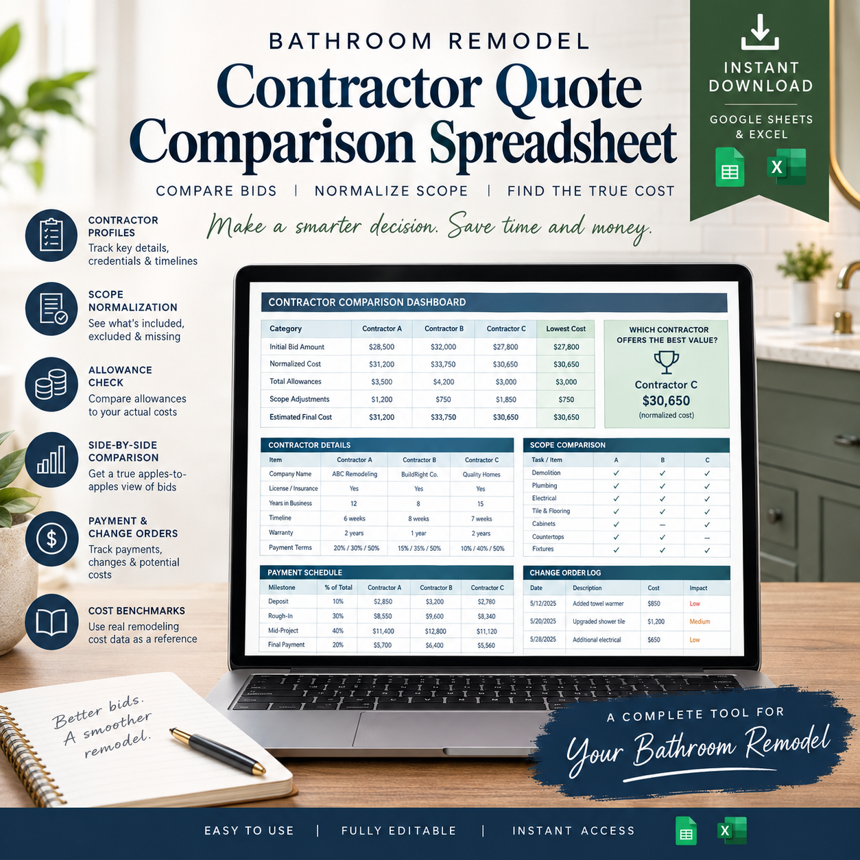 Contractor quote comparison and bathroom planner spreadsheet